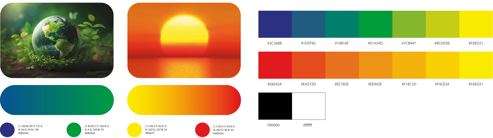 Spesifikasi warna Muhammadiyah dengan inspirasi visual: bumi hijau, matahari terbit, gradient dingin & hangat