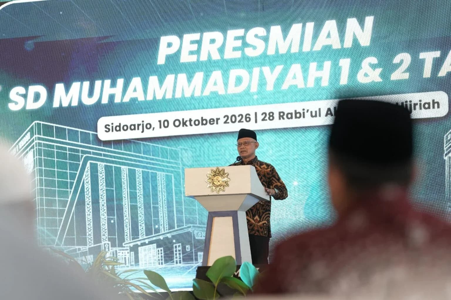 Ketua Umum PP Muhammadiyah, Haedar Nashir menyampaikan amanah dalam peresmian gedung baru SD Muhammadiyah 1 dan 2 Taman Sidoarjo (SD Mumtaz)