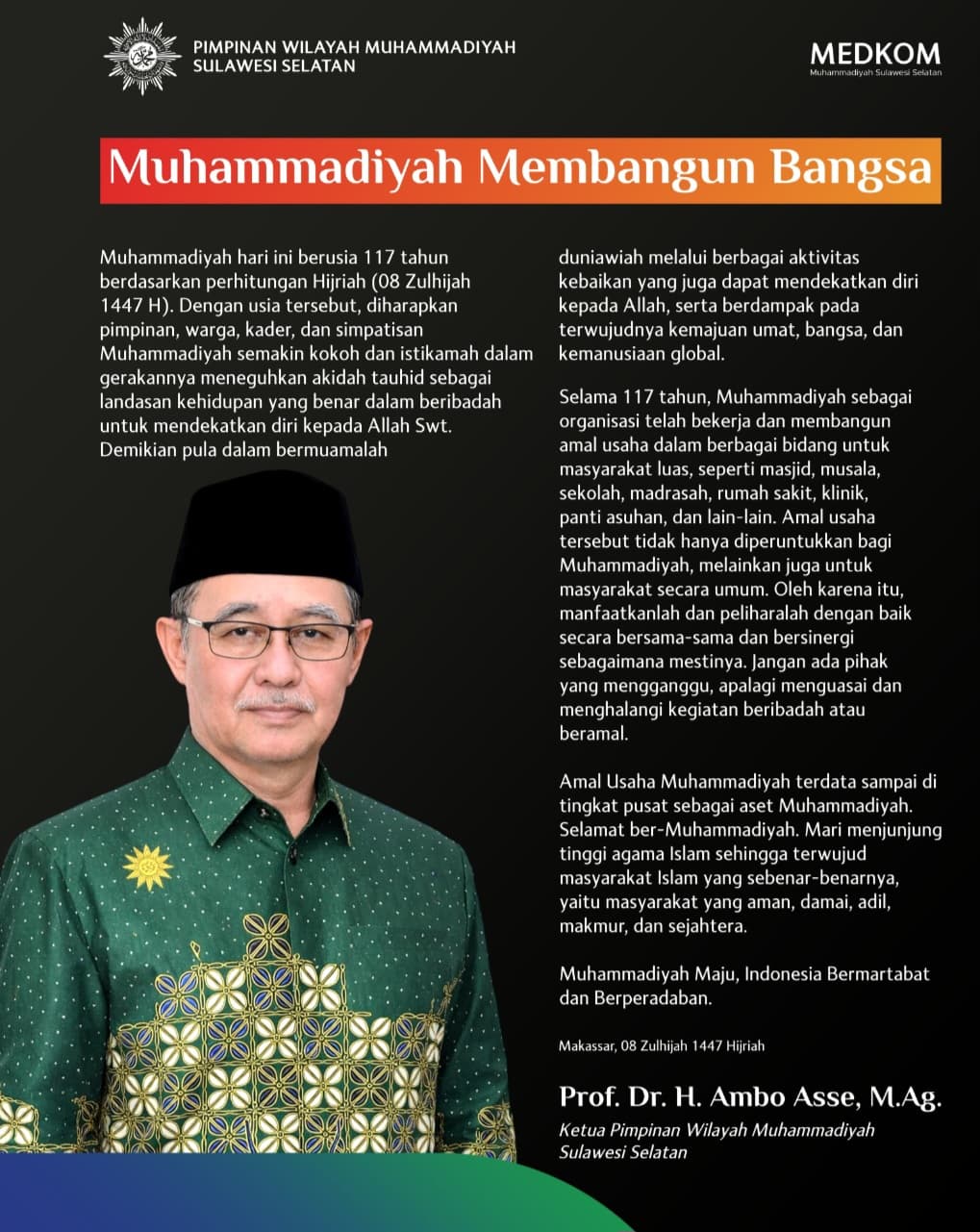 Peringatan Milad ke-117 Muhammadiyah: Prof Ambo Asse Ajak Perkuat Dakwah dan Amal Usaha