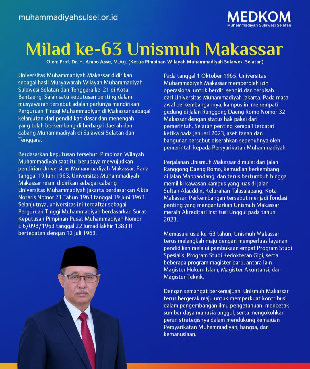 Ketua PWM Sulsel Kenang Jejak Sejarah Unismuh Makassar pada Milad ke-63