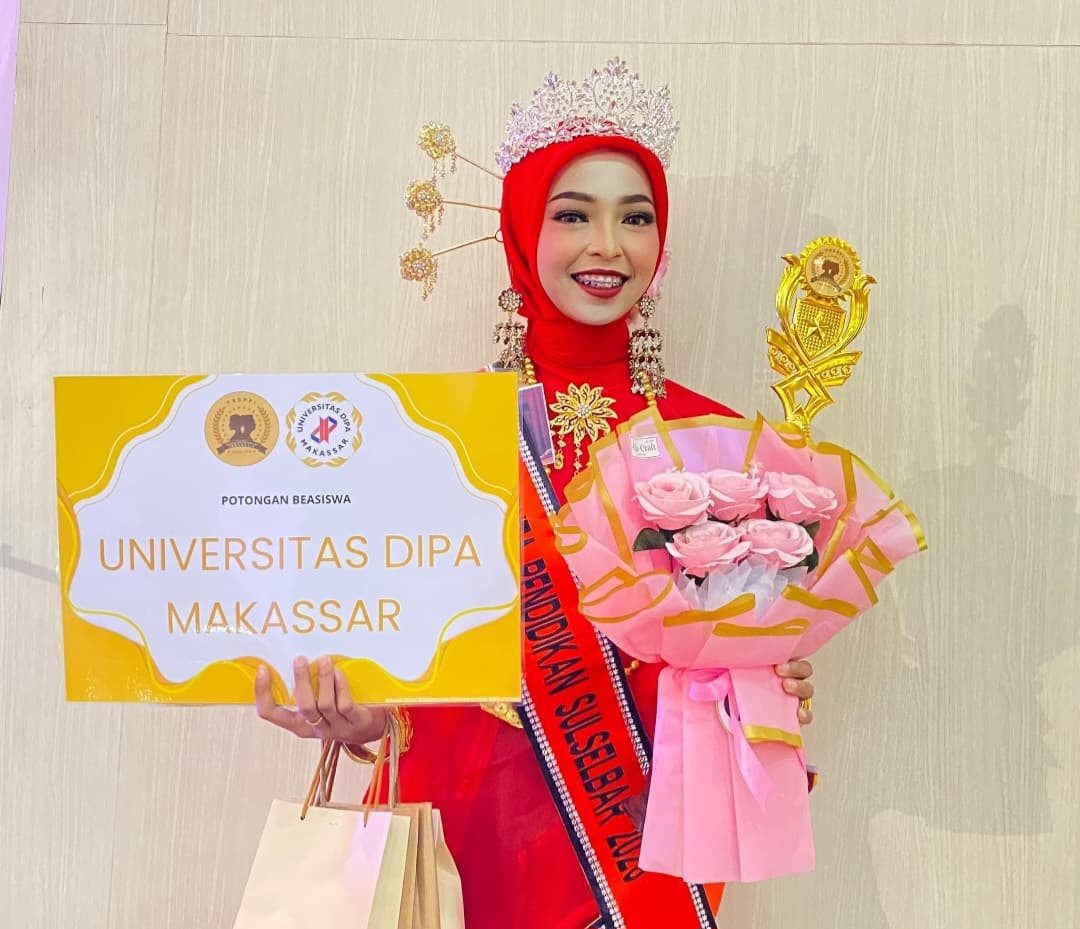 Riska Amalia Putri, mahasiswi Unismuh Makassar, dalam dokumentasi yang menyertai laporan Khittah.co tentang capaian Runner-up 1 Duta Pendidikan Sulselbar 2026