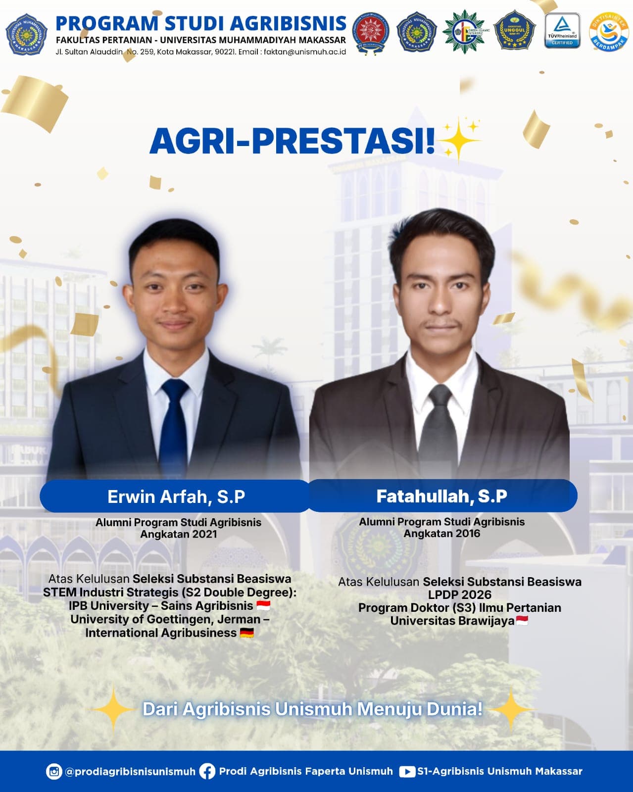 Alumni Agribisnis Unismuh Raih Beasiswa Internasional dan Doktoral, Perkuat Reputasi Prodi