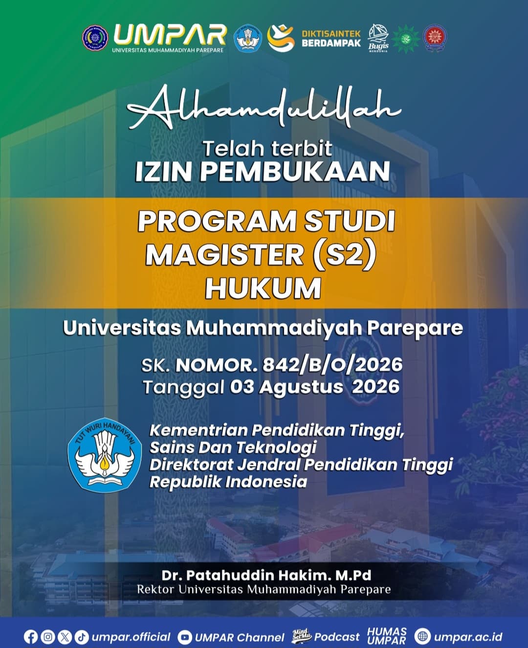 UMPAR membuka Program Magister Hukum setelah izin operasional dari Kemendiktisaintek terbit